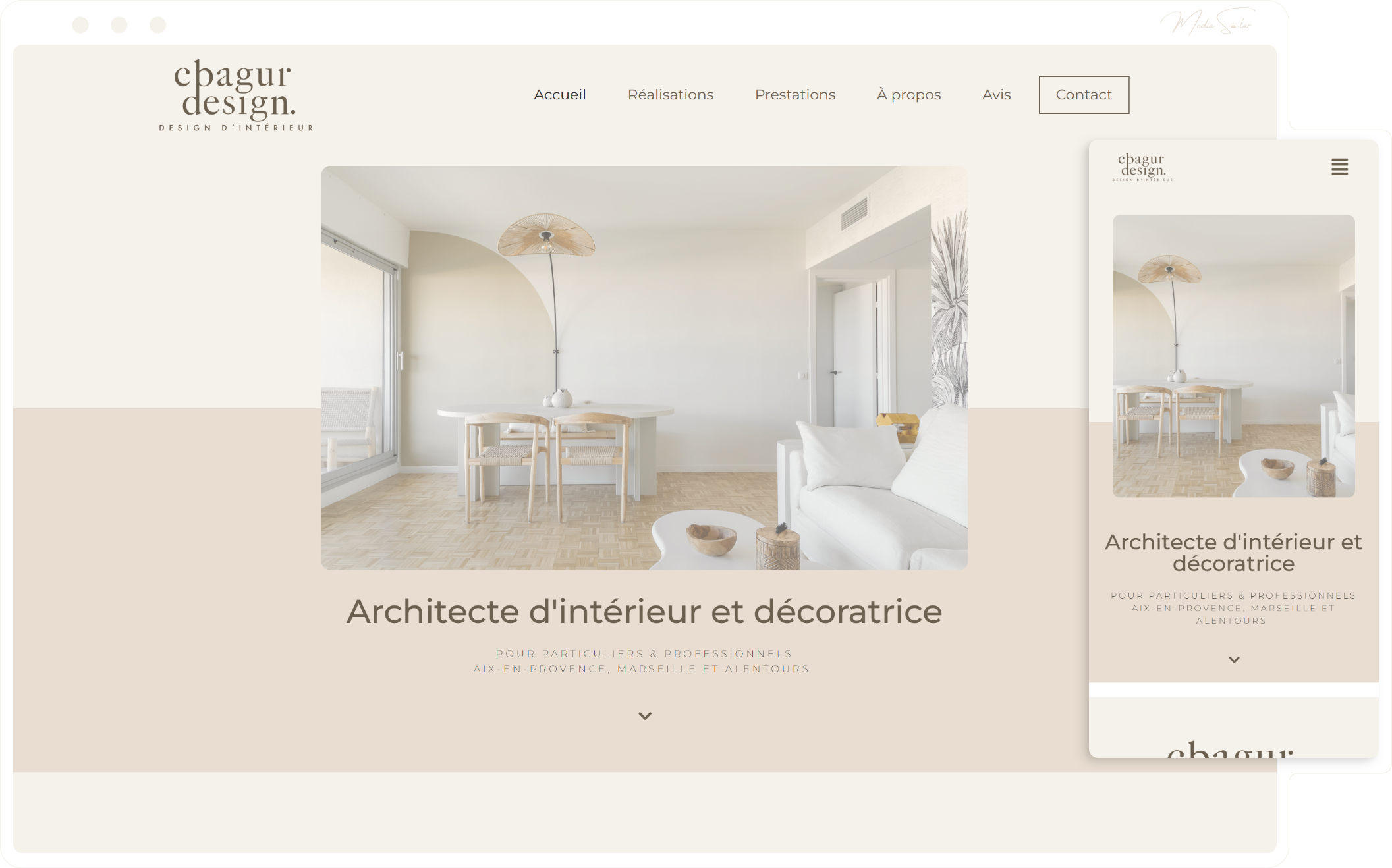 Site vitrine pour architecte d'intérieur à Aix-en-Provence, mockup desktop et mobile, projet Cbagur