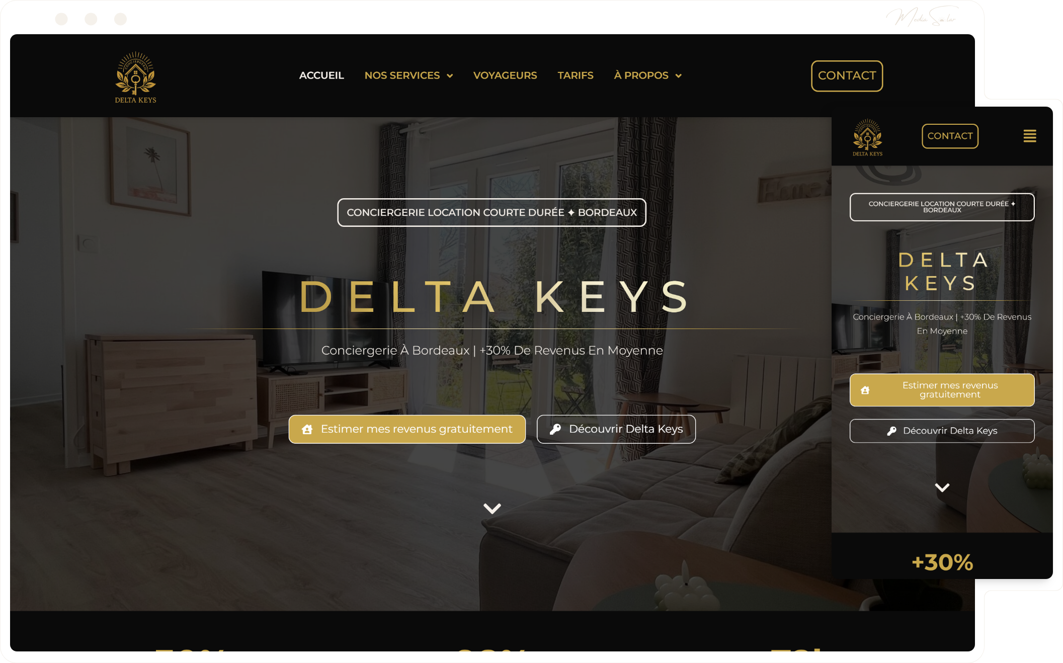 Site vitrine pour conciergerie avec Channel Manager, mockup desktop et mobile, projet Conciergerie Delta Keys