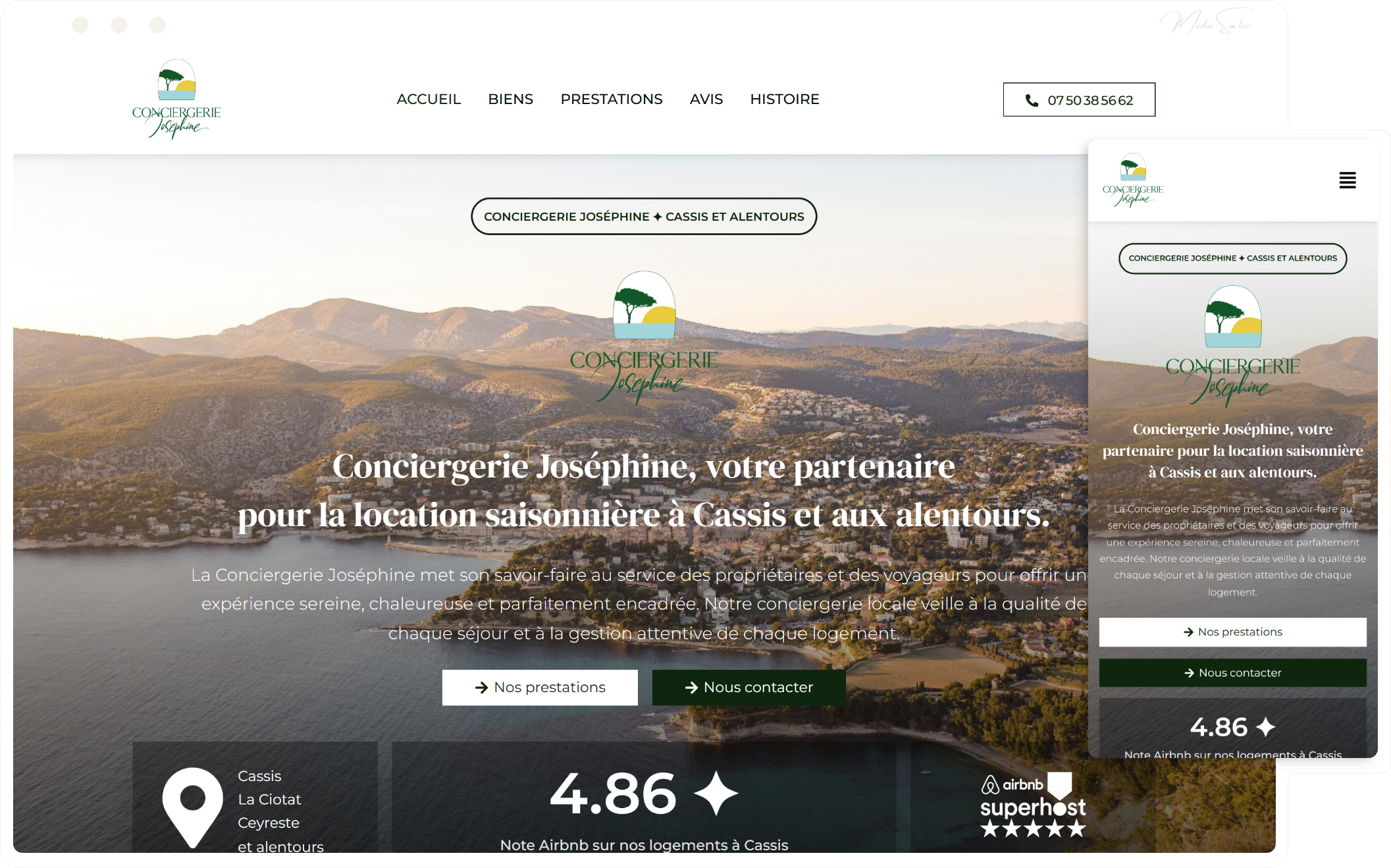 Site vitrine pour conciergerie sans Channel Manager, mockup desktop et mobile, projet Conciergerie Joséphine