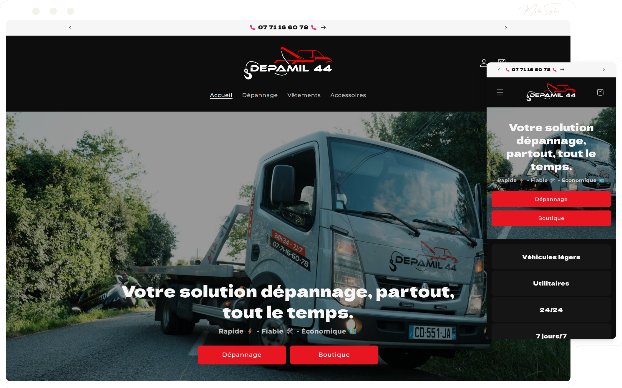 Site vitrine pour dépanneurs avec e-commerce merch, mockup desktop et mobile, projet Depamil 44