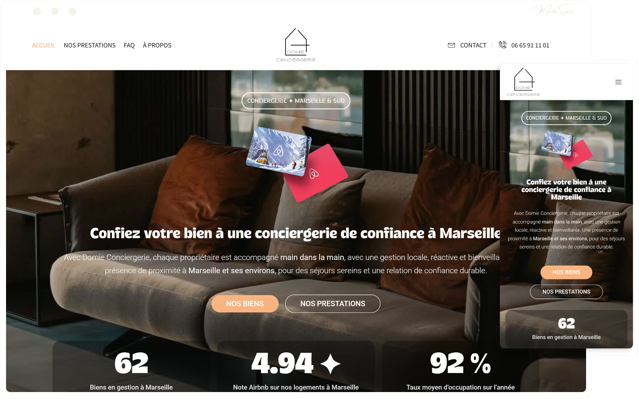 Site vitrine pour conciergerie à Marseille, mockup desktop et mobile, projet Domie Conciergerie