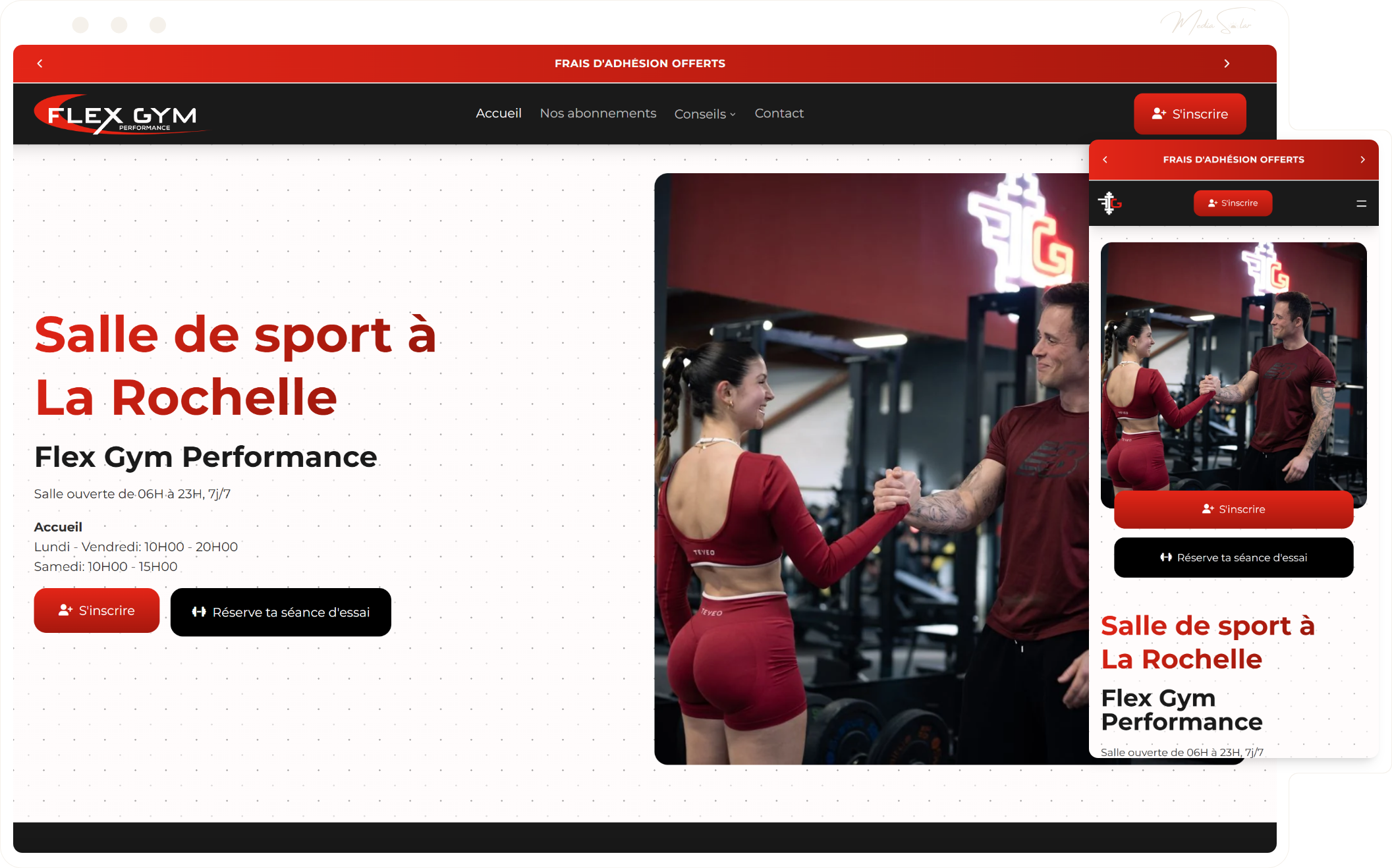 Site e-commerce Shopify pour salle de sport, mockup desktop et mobile, projet Flexgym