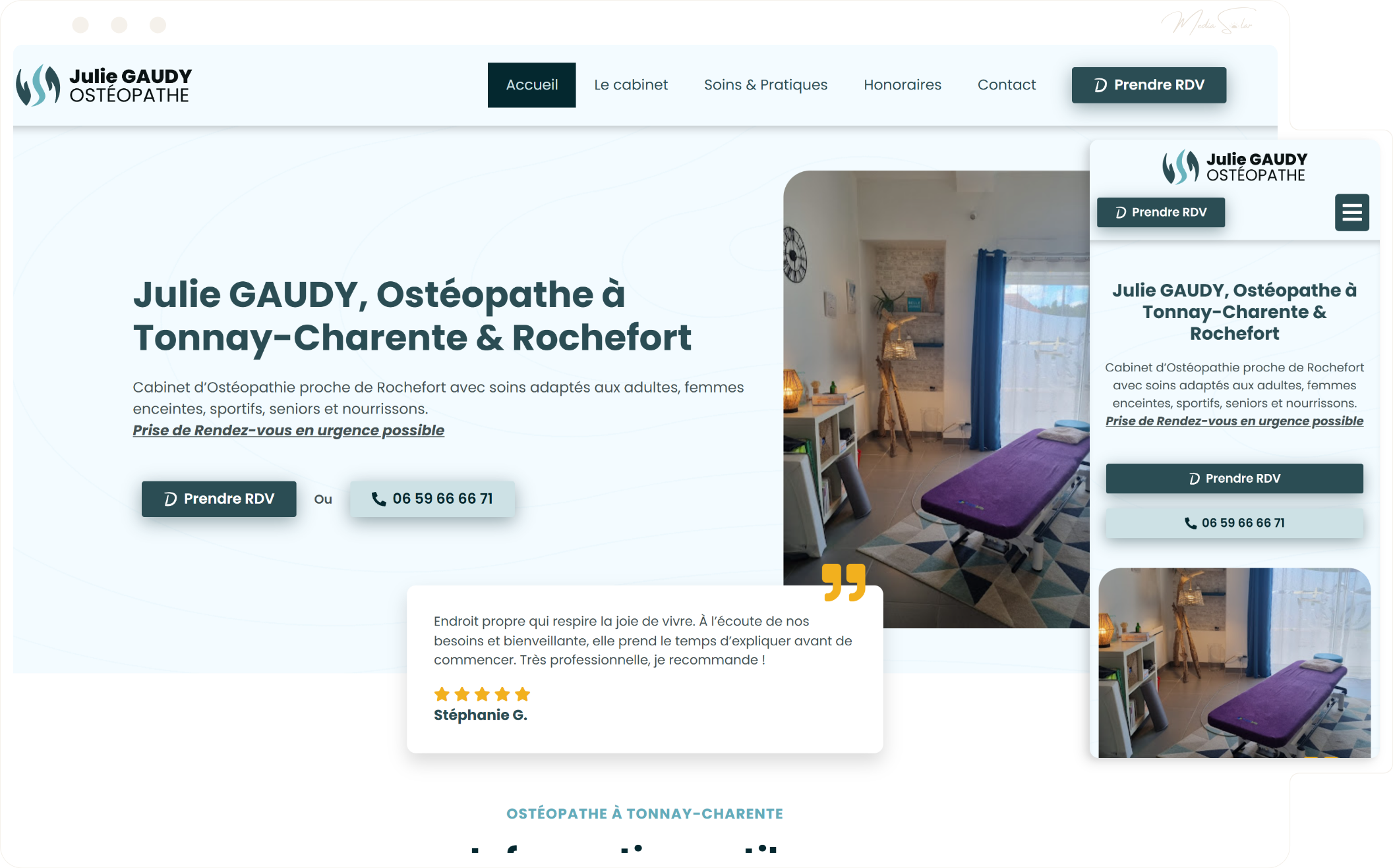 Identité visuelle et site vitrine pour ostéopathe, mockup desktop et mobile, projet Julie Gaudy - Ostéopathe