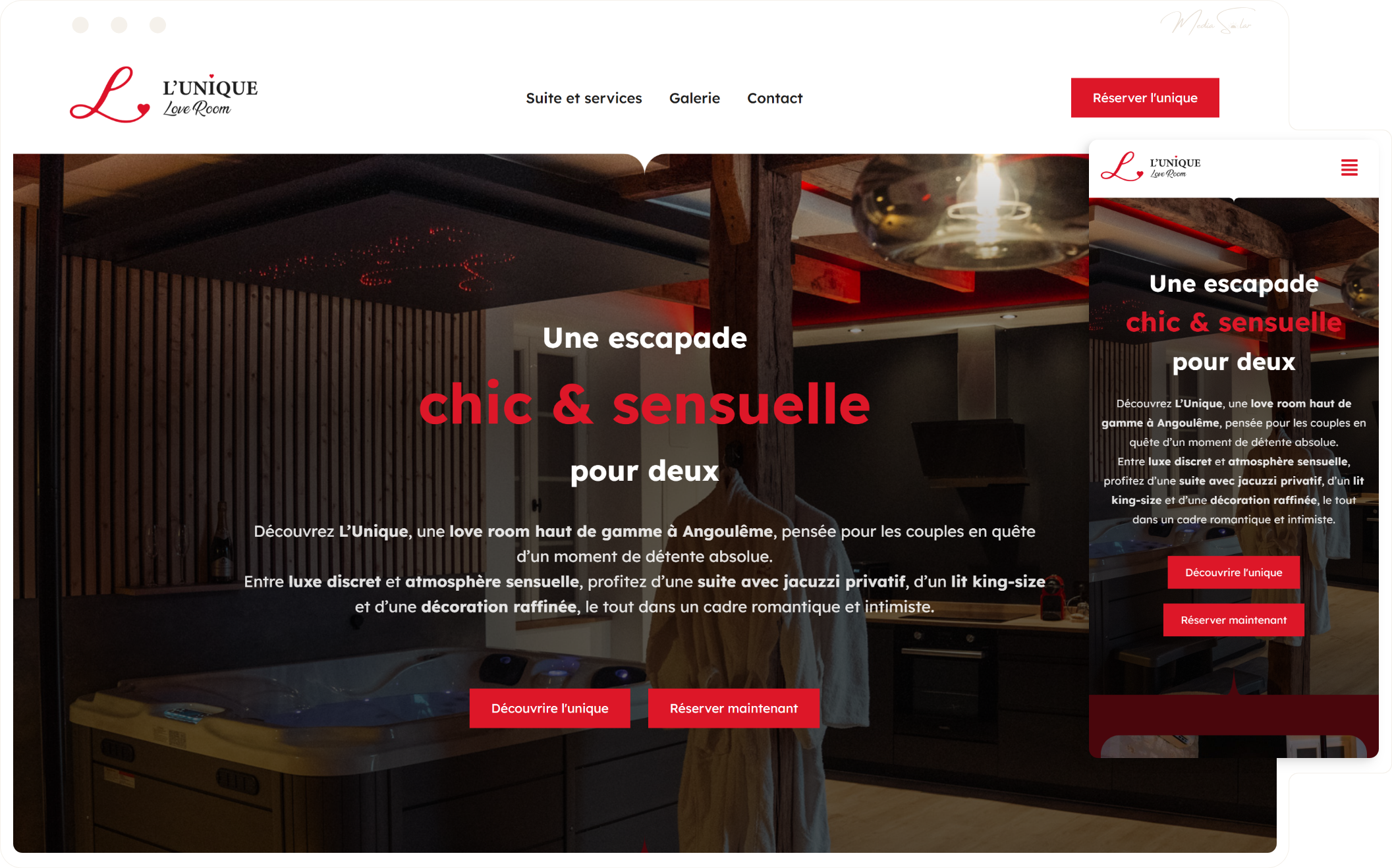 Identité et site de réservation pour love room, mockup desktop et mobile, projet L'Unique