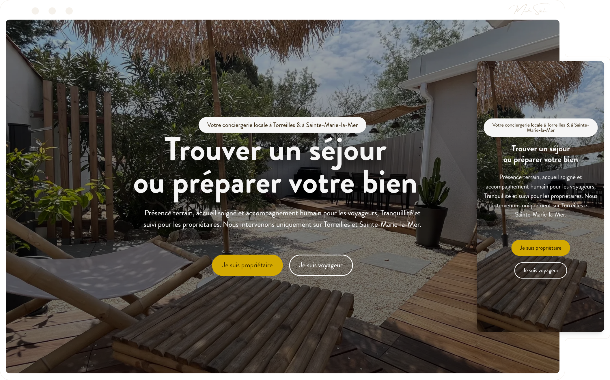 Site vitrine SEO pour conciergerie locale, mockup desktop et mobile, projet La Petite Conciergerie Salanques