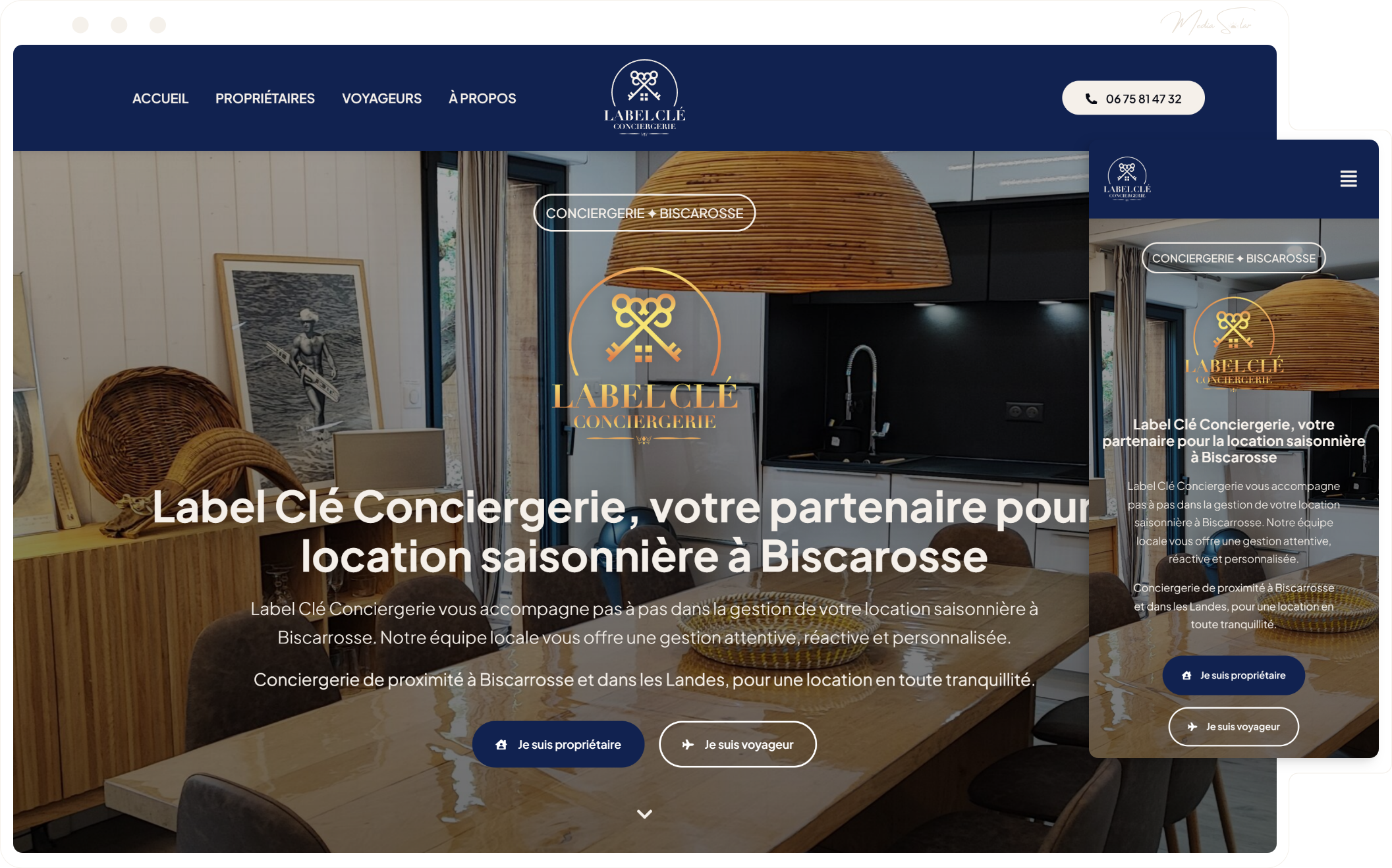 Site vitrine, identité et shooting pour conciergerie, mockup desktop et mobile, projet Label clé