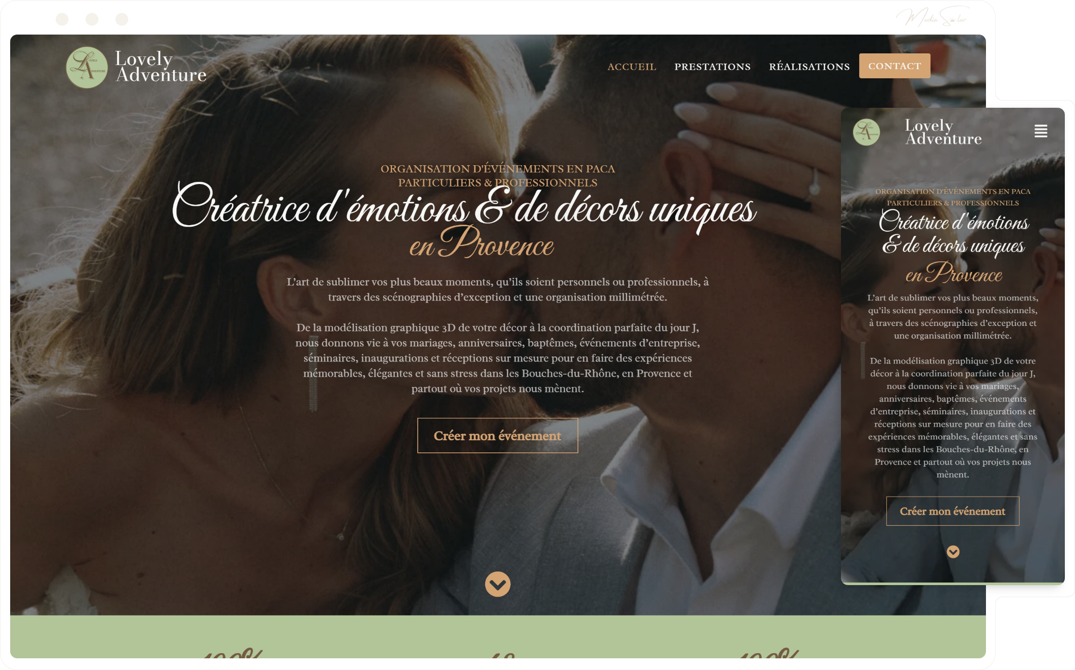 Site vitrine pour wedding planner et organisatrice d'événements, mockup desktop et mobile, projet Lovely Adventure