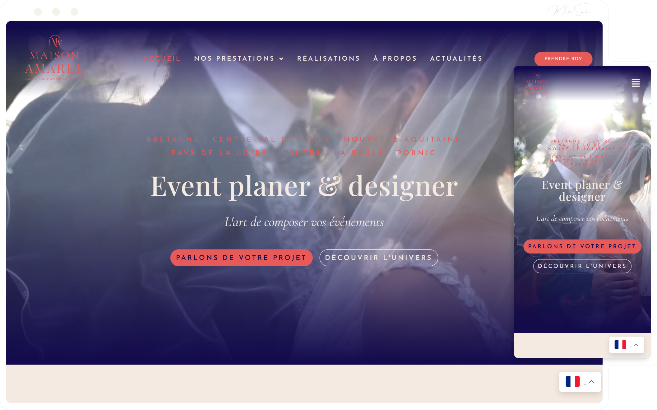 Site vitrine pour wedding planner à Pornic, mockup desktop et mobile, projet Maison Amarel