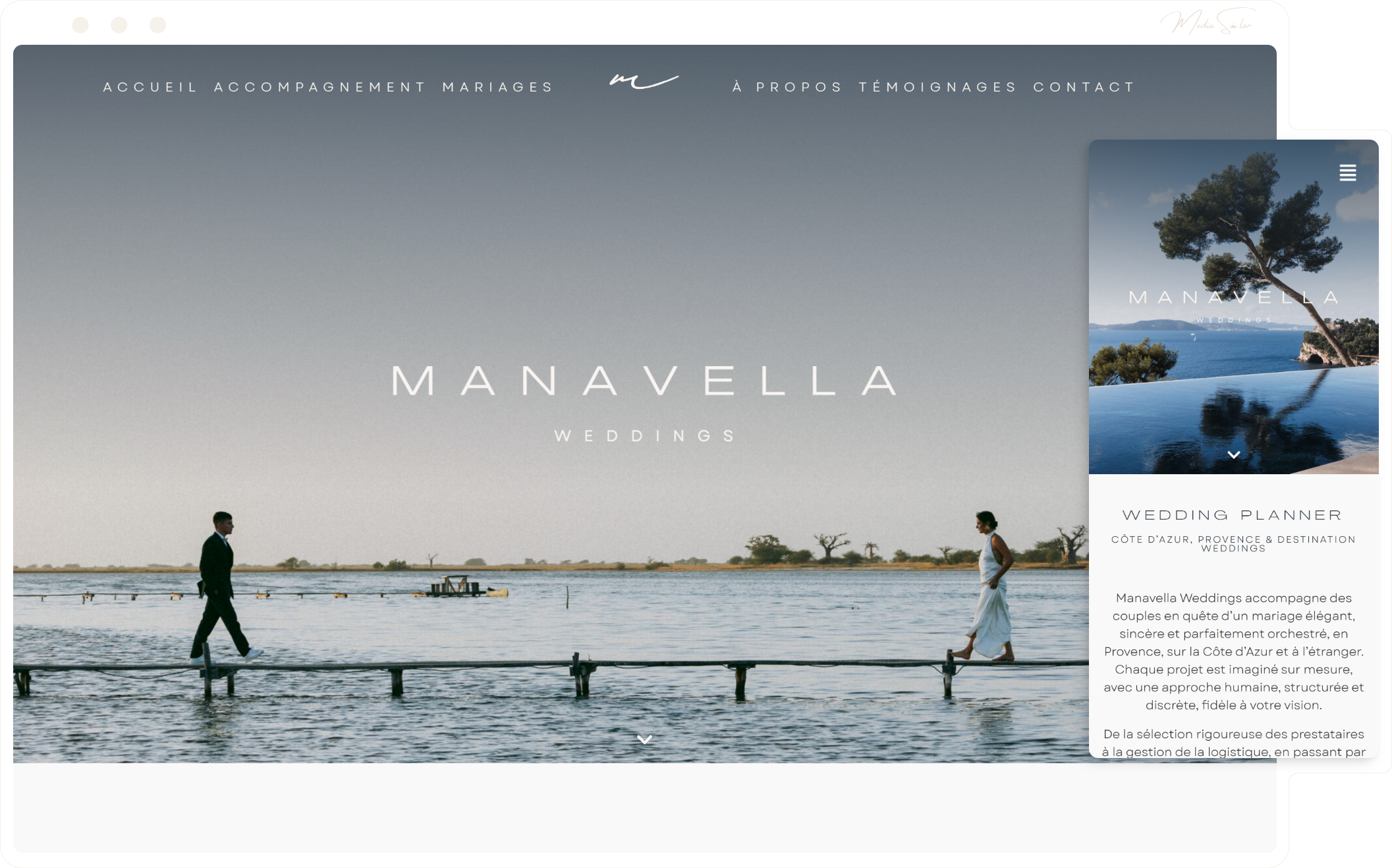 Site vitrine pour wedding planner en Provence, mockup desktop et mobile, projet Manavella