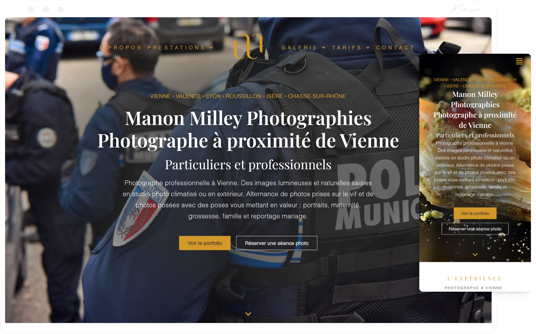 Site vitrine SEO pour photographe à Vienne, mockup desktop et mobile, projet Manon Milley Photographe