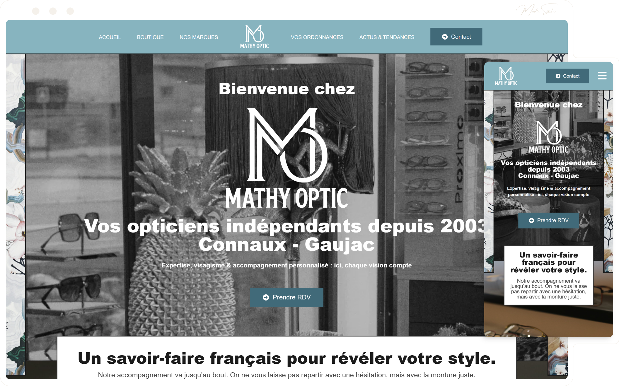 Premier site vitrine pour opticien à Gaujac, mockup desktop et mobile, projet Mathy Optic