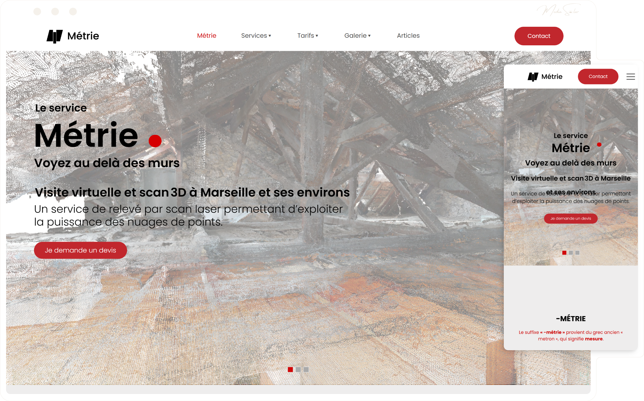 SEO local pour entreprise de scan 3D et métreur à Marseille, mockup desktop et mobile, projet Métrie