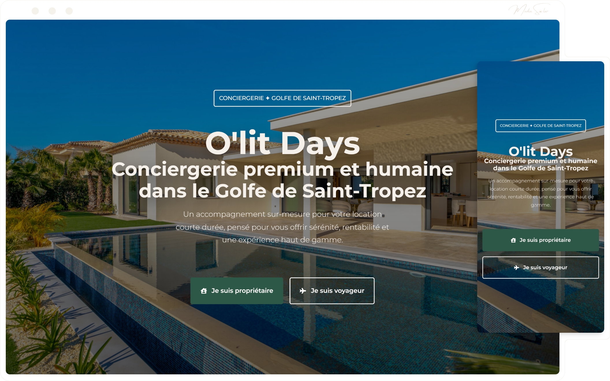 Site vitrine pour conciergerie à Sainte-Maxime, mockup desktop et mobile, projet Ô'lit days