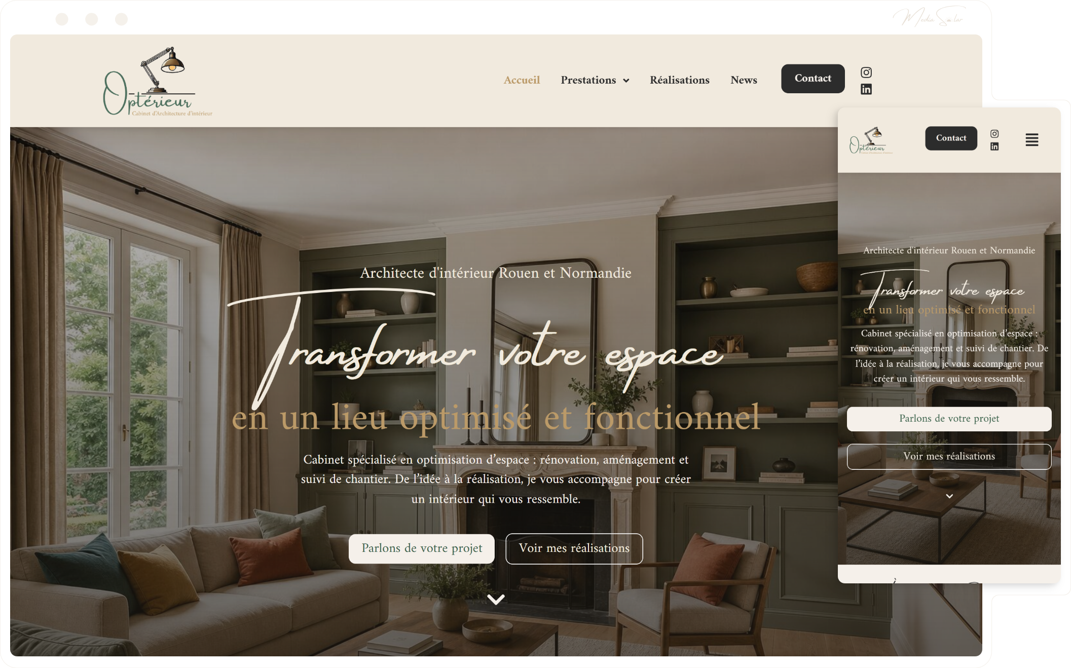 Site vitrine pour architecte d'intérieur, mockup desktop et mobile, projet Optérieur