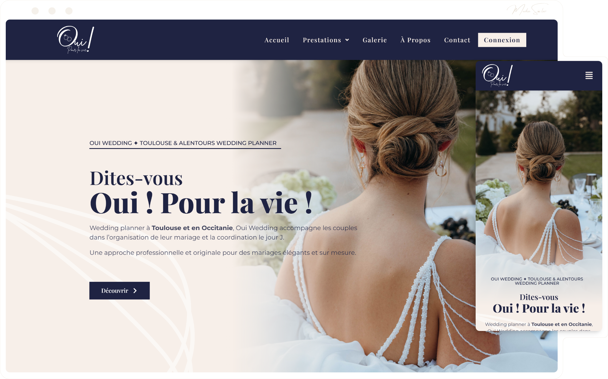 Site vitrine pour wedding planner à Toulouse, mockup desktop et mobile, projet Oui ! Wedding Planner