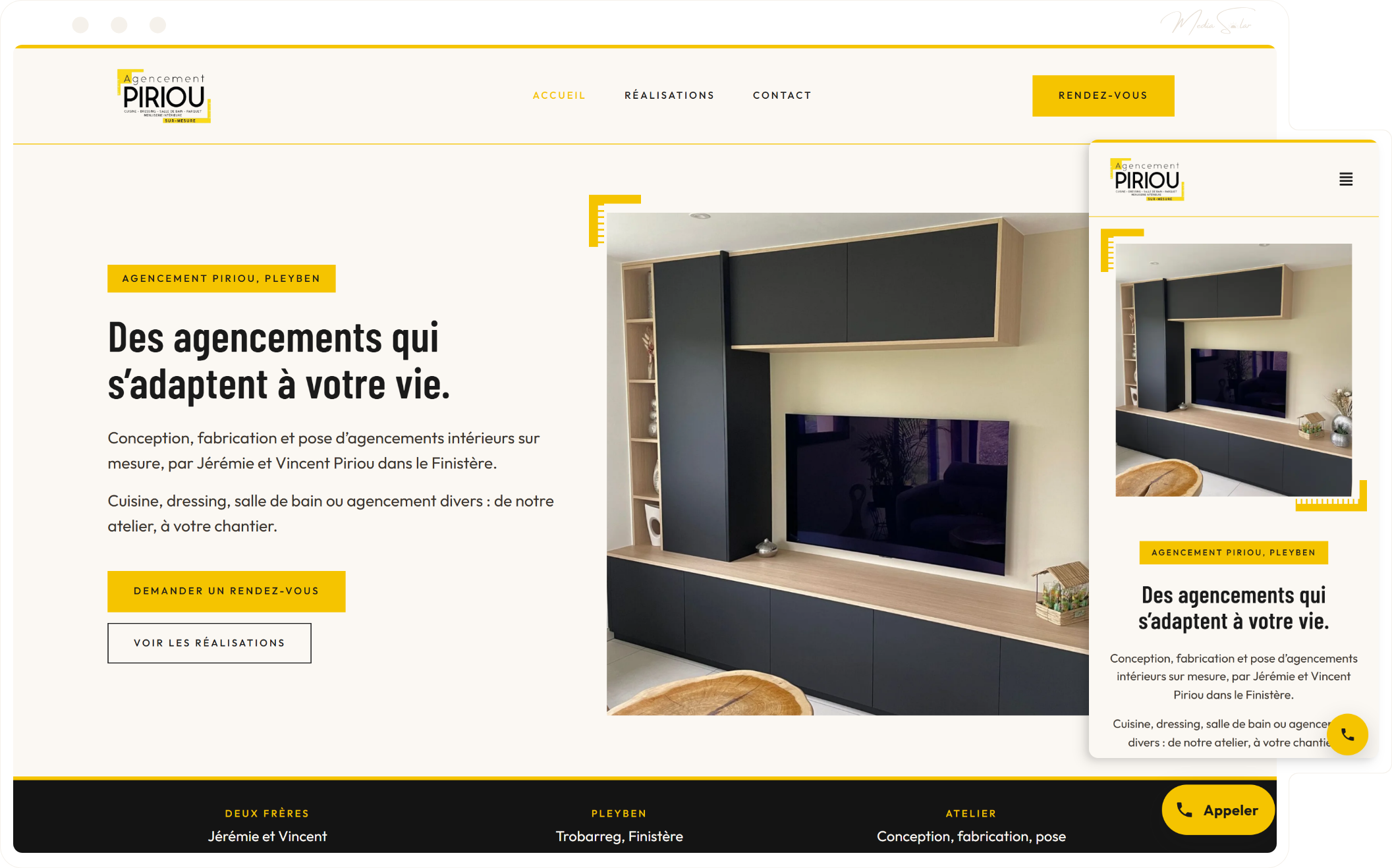Site vitrine pour entreprise d'agencement sur mesure, mockup desktop et mobile, projet Piriou Agencement