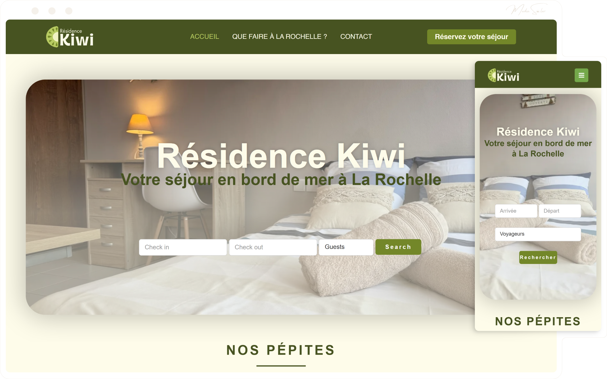 Identité et site de réservation pour résidence à La Rochelle, mockup desktop et mobile, projet Résidence Kiwi