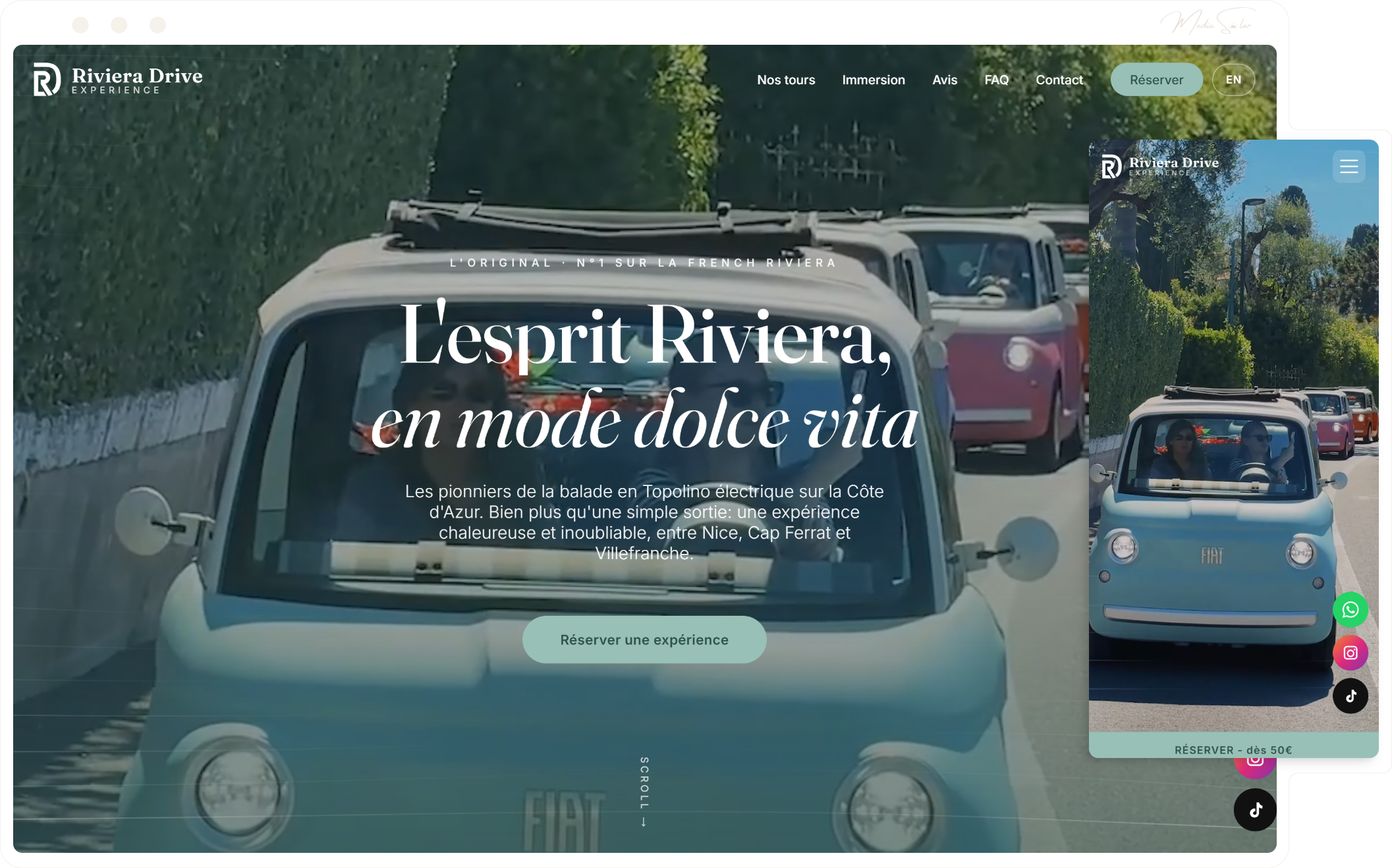 Landing page de réservation pour activité touristique premium, mockup desktop et mobile, projet Riviera Drive Expérience