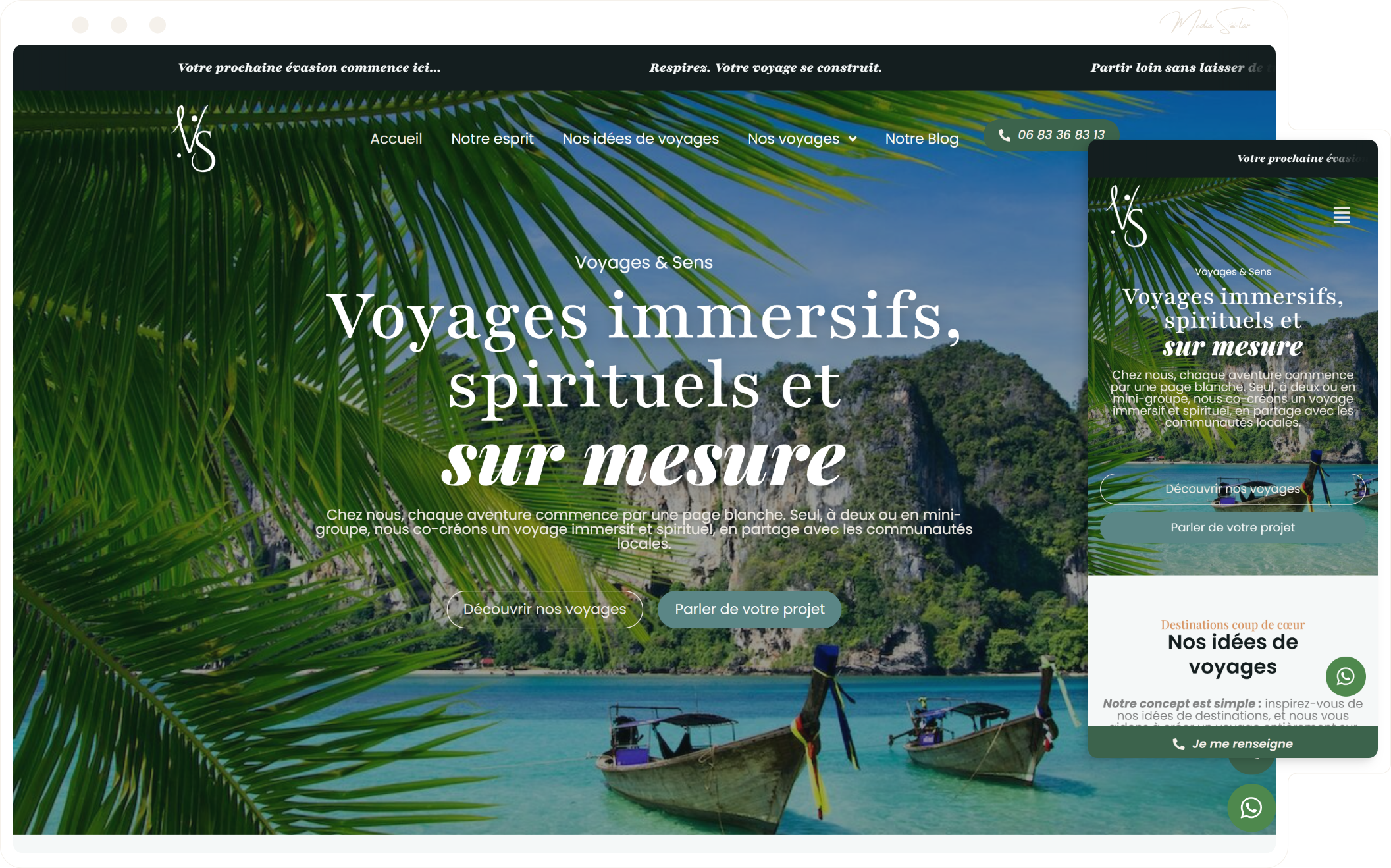 Site vitrine pour agence de voyage sur mesure, mockup desktop et mobile, projet Voyage et sens