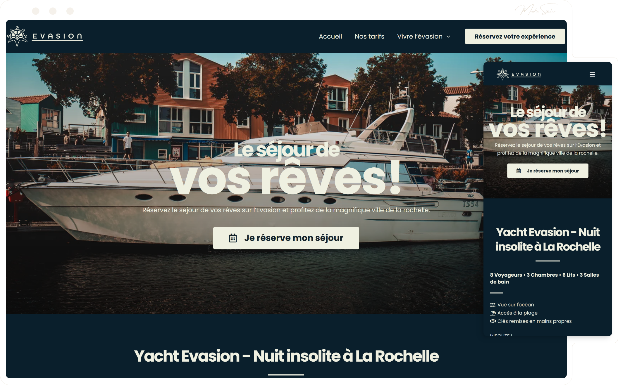 Identité et site de réservation pour yacht à La Rochelle, mockup desktop et mobile, projet Yacht Évasion
