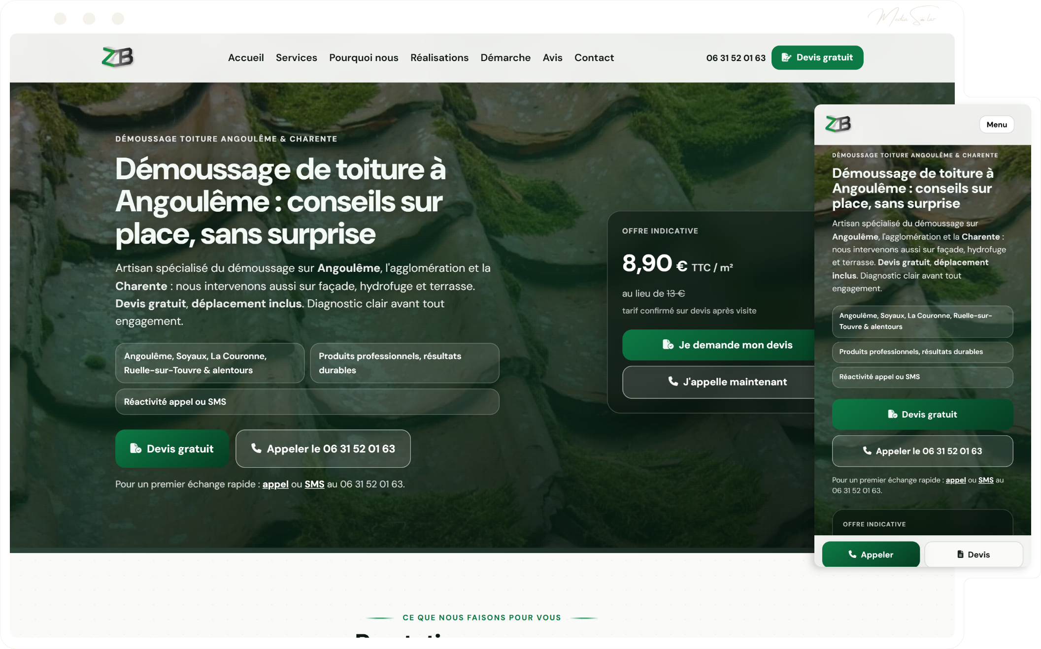 Site vitrine pour artisan du bâtiment à Angoulême, mockup desktop et mobile, projet Zubizarreta Bâtiment